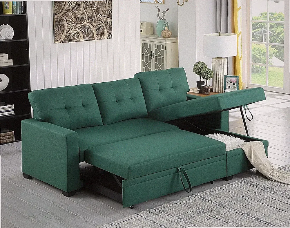 L-Shaped Sleeper Couch with Pull Out Bed & Storage Chaise - Green