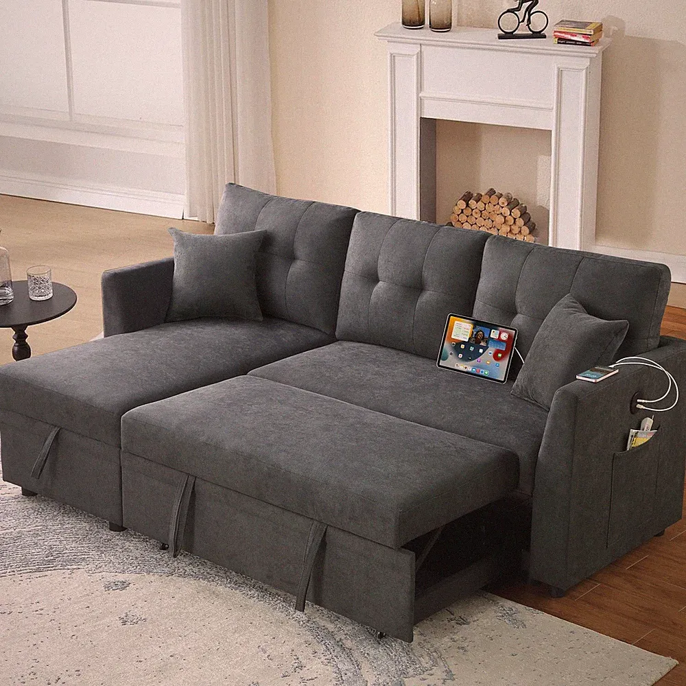 L-Shaped Sleeper Sectional Sofa Bed with USB Port, Storage Chaise, Gray
