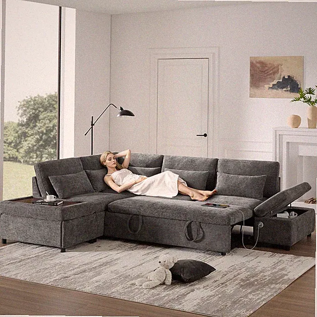 L-Shaped Sleeper Sofa Bed w/ Pull Out Mechanism, Storage Ottoman & USB Charging