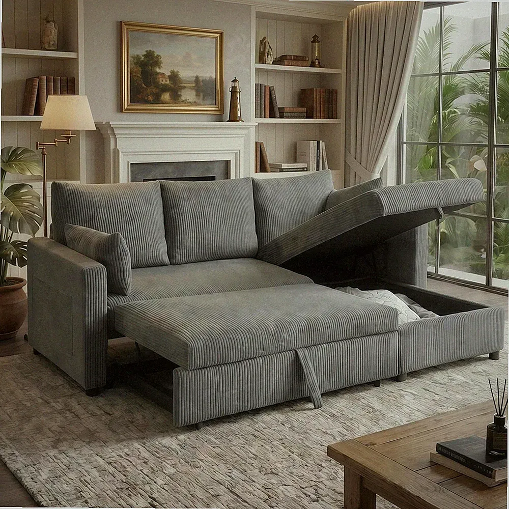 L-Shaped Sleeper Sofa Bed with Storage Chaise - Gray 3-in-1 Couch, 85