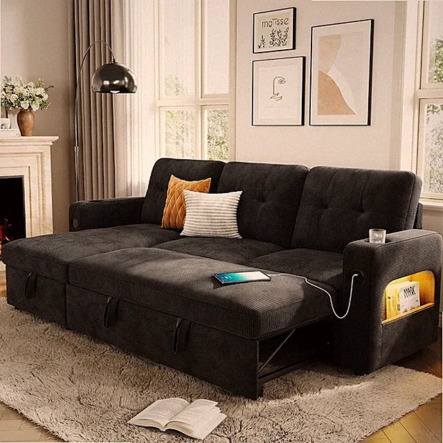 L-Shaped Sleeper Sofa Bed with Storage, Charging Station & Cup Holder - Black