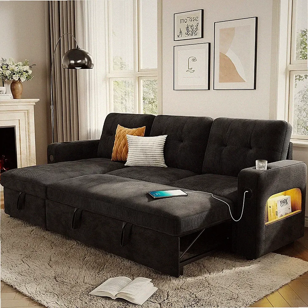 L Shaped Sleeper Sofa Convertible Pull-Out Couch Sectional Sofa Bed W/ Charging