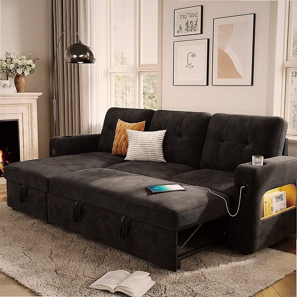 L Shaped Sleeper Sofa Convertible Pull-Out Couch Sectional Sofa Bed W/ Charging