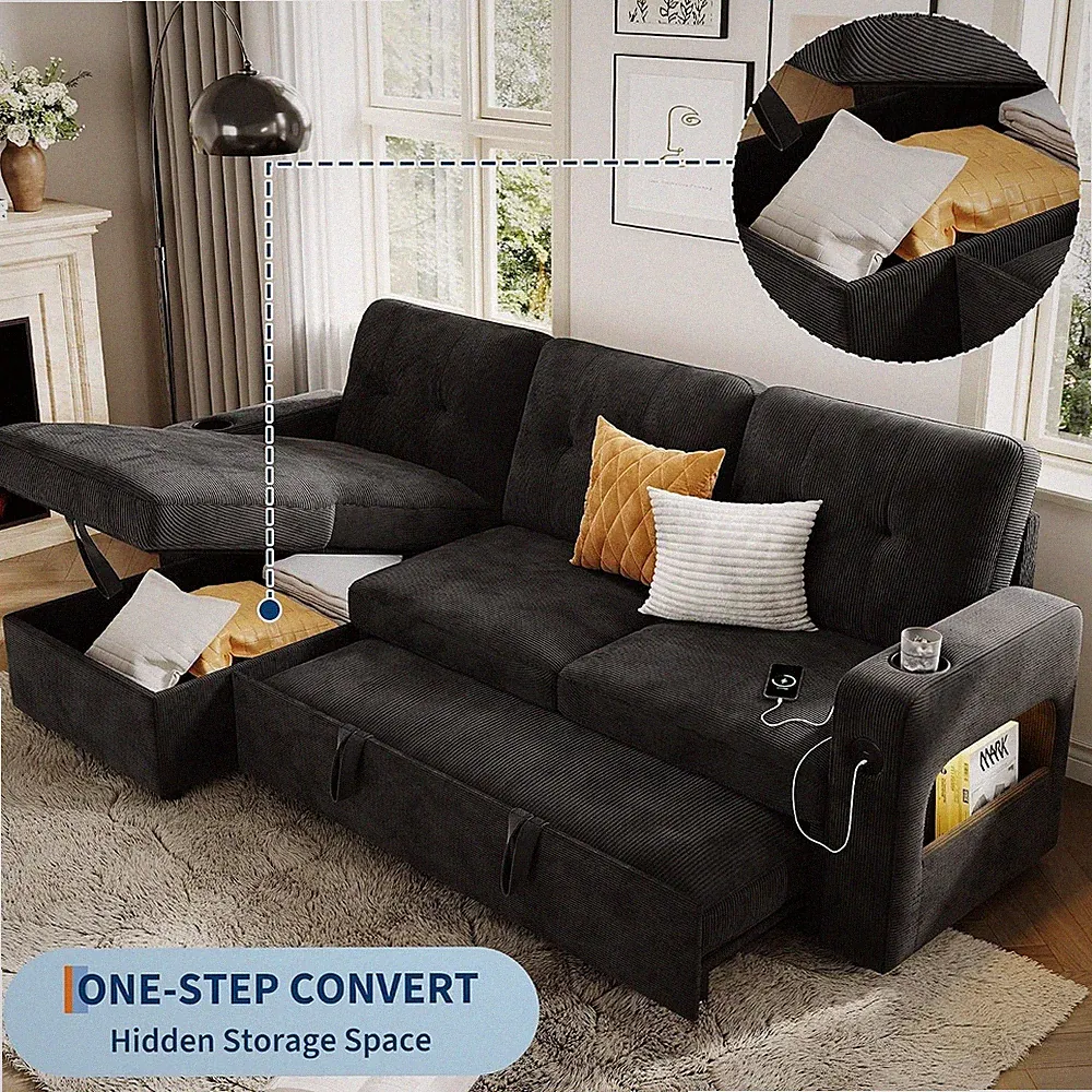 L Shaped Sleeper Sofa Convertible Pull-Out Couch Sectional Sofa Bed W/ Charging