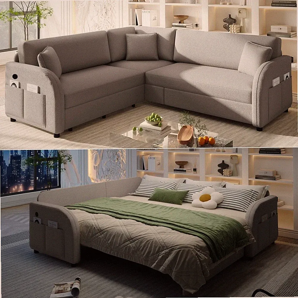 L-Shaped Sleeper Sofa w/ Pull-Out Bed, 5-Seat Sectional Couch w/ USB Port, Grey