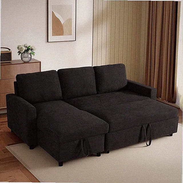 L-Shaped Sleeper Sofa with Chaise Lounge & Storage, Black Futon Bed