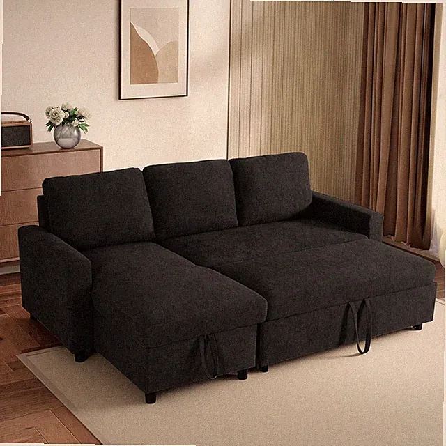 L-Shaped Sleeper Sofa with Chaise Lounge & Storage, Pull-Out Couch Bed with Recl
