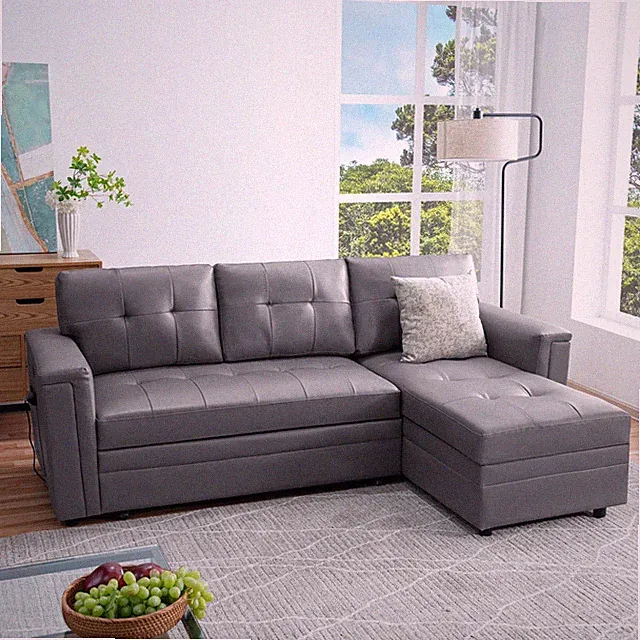 L-Shaped Sleeper Sofa with USB Ports & Storage - Gray/Air Leather