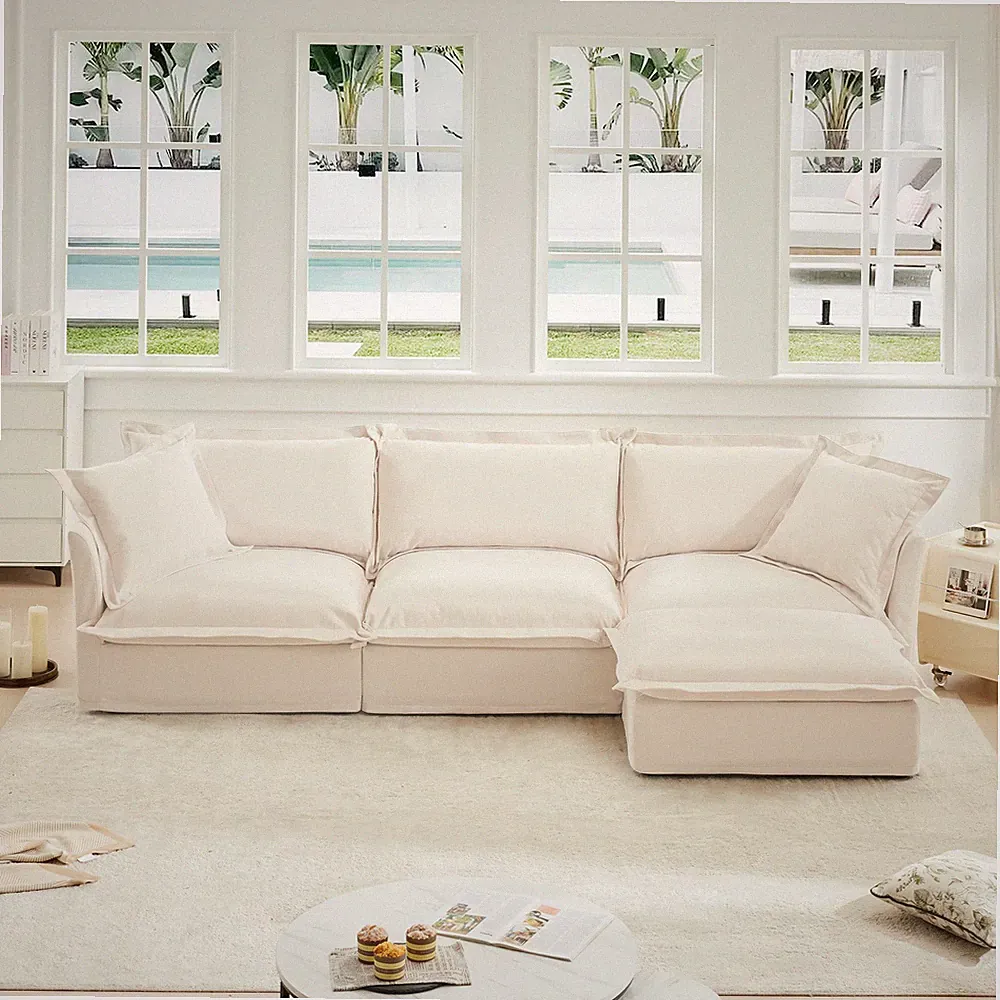 L-Shaped Slipcovered Sectional Sofa Couch, Comfy Chenille Deep Seat Cloud Couch