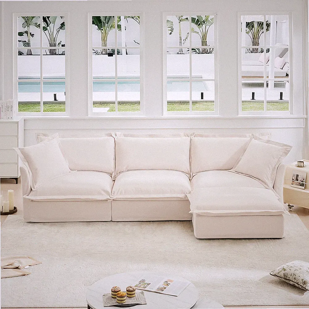 L-Shaped Slipcovered Sectional Sofa Couch,Comfy Chenille Deep Seat Cloud Couch w