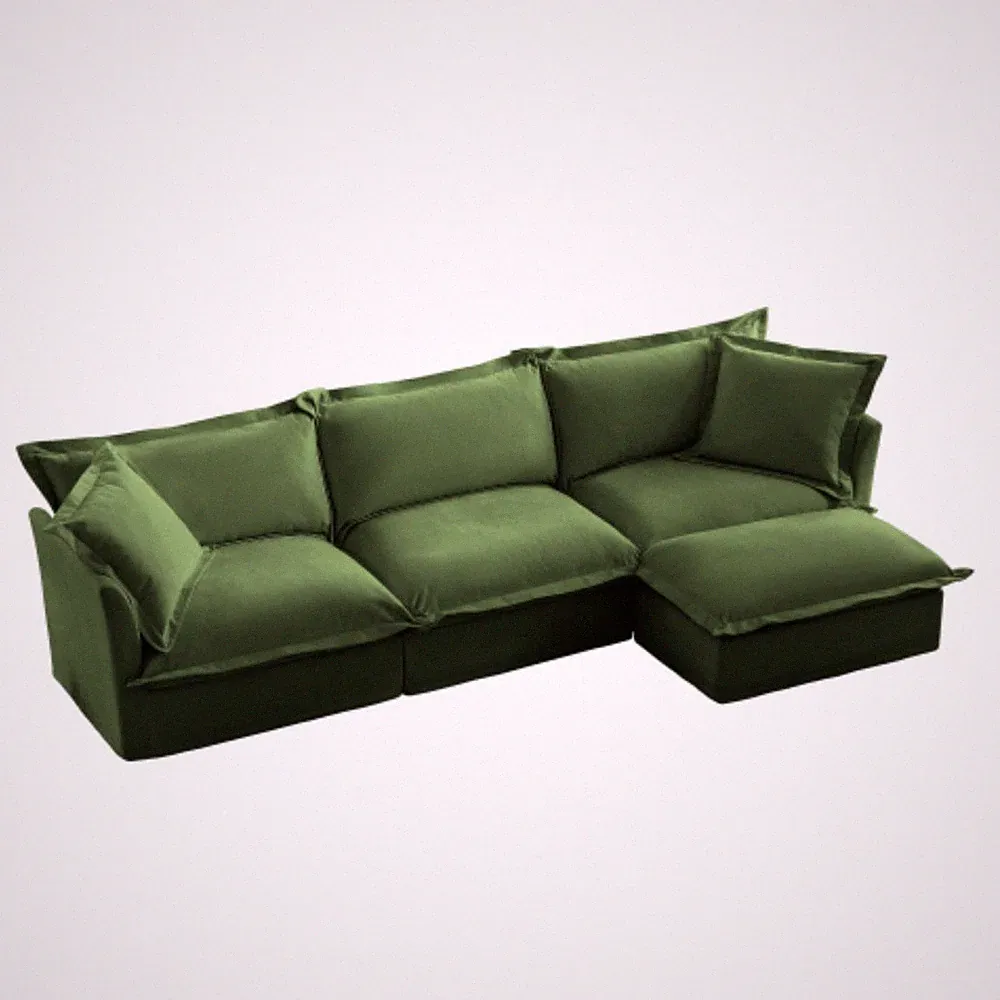 L-Shaped Slipcovered Sectional Sofa Couch with Convertible Ottoman 2 Big Pillows