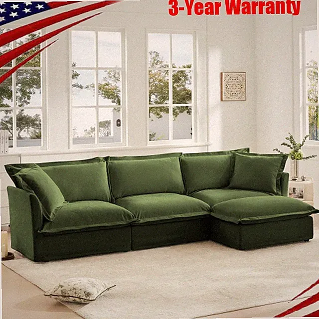 L-Shaped Slipcovered Sectional Sofa Couch with Convertible Ottoman 2 Big Pillows
