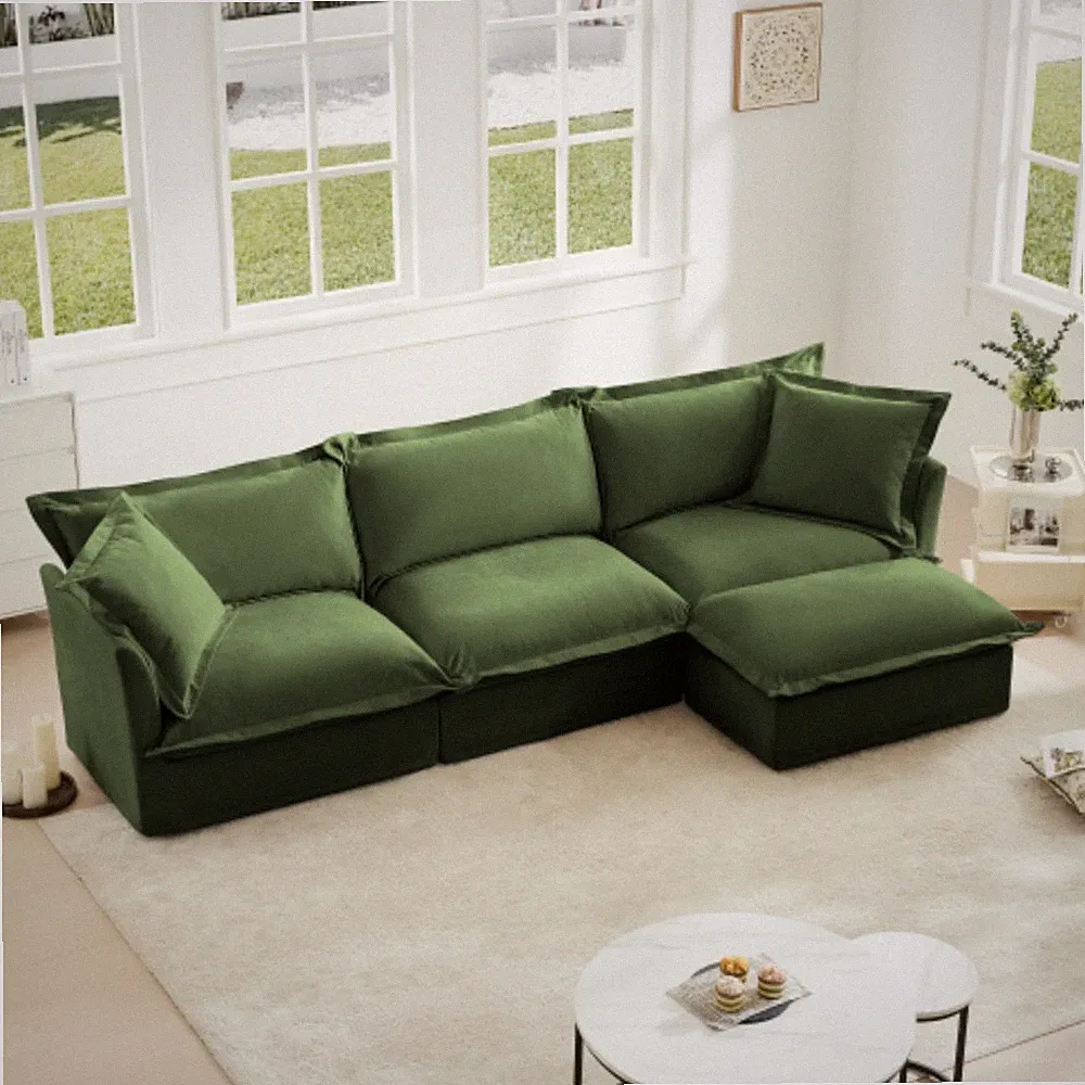 L-Shaped Slipcovered Sectional Sofa Couch with Convertible Ottoman 2 Big Pillows