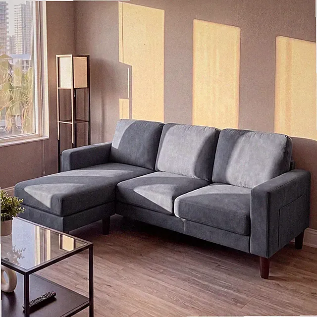 L Shaped Small Couch Reversible Chaise Sofa with Movable Ottoman & Side Pockets