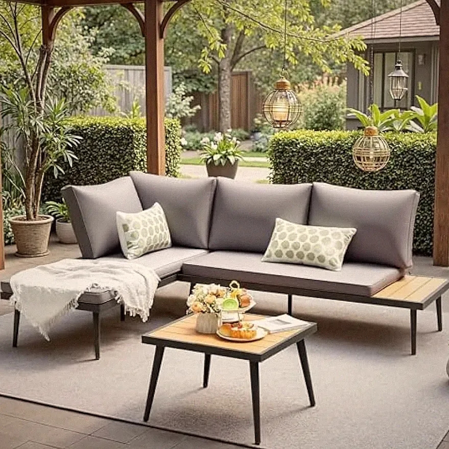 L-Shaped Small Sectional Outdoor Coach wtih Acacia Wood Gray NEW