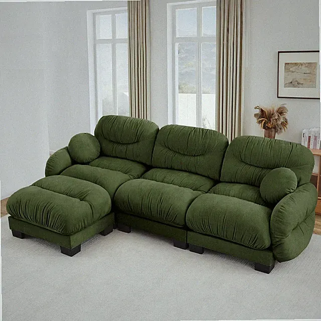 L-Shaped Sofa 3 Seater, Green Velvet Chenille Sectional Couch w/ Ottoman
