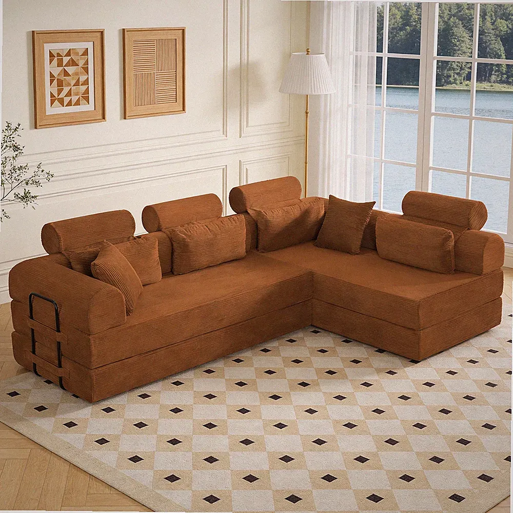 L-Shaped Sofa Bed, Corduroy Orange, 4 Seats, Compact Space