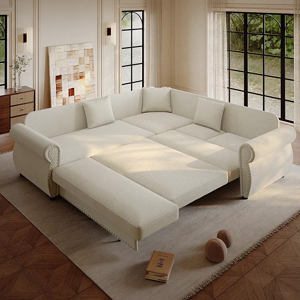 L-Shaped Sofa Convertible Sleeper Sofa Couch with King Size Pull Out Sofa Chaise