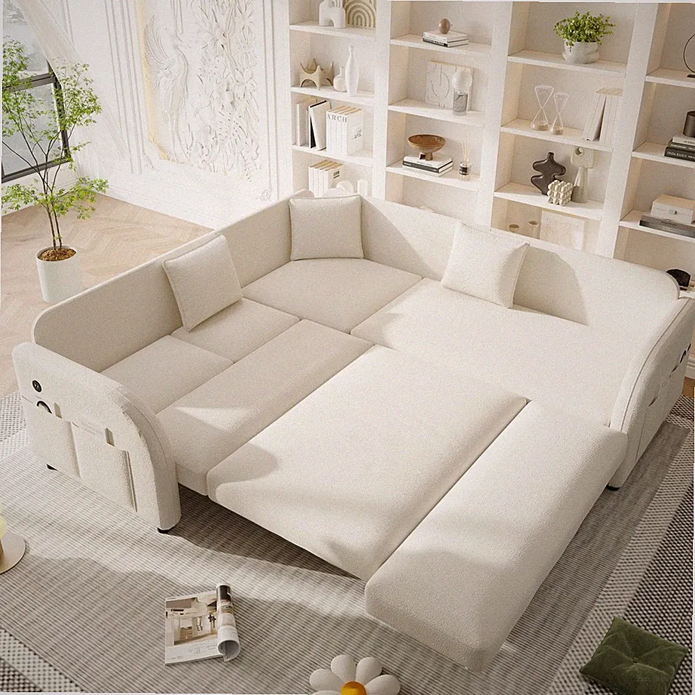 L-Shaped Sofa Convertible Sleeper Sofa King Size Bed Pull Out Sofa Couch Chaise