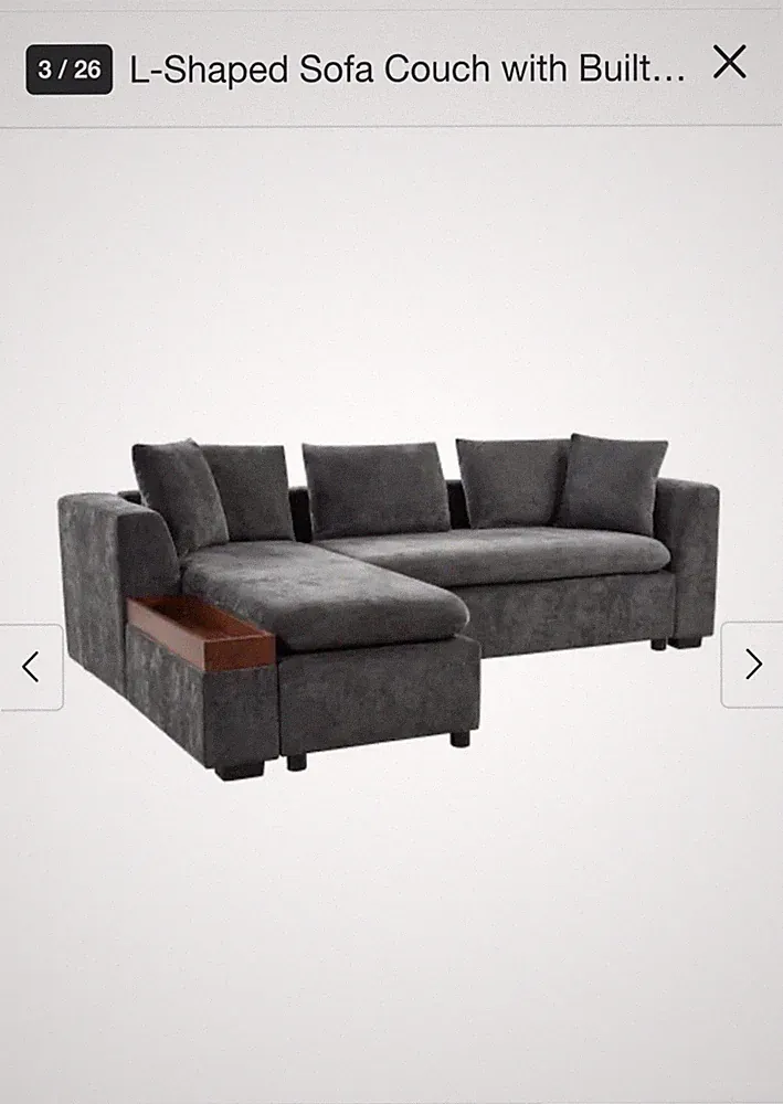 L-Shaped Sofa Couch, Dark Gray, Contemporary, 3-Seater, Built-in Storage, Fabric