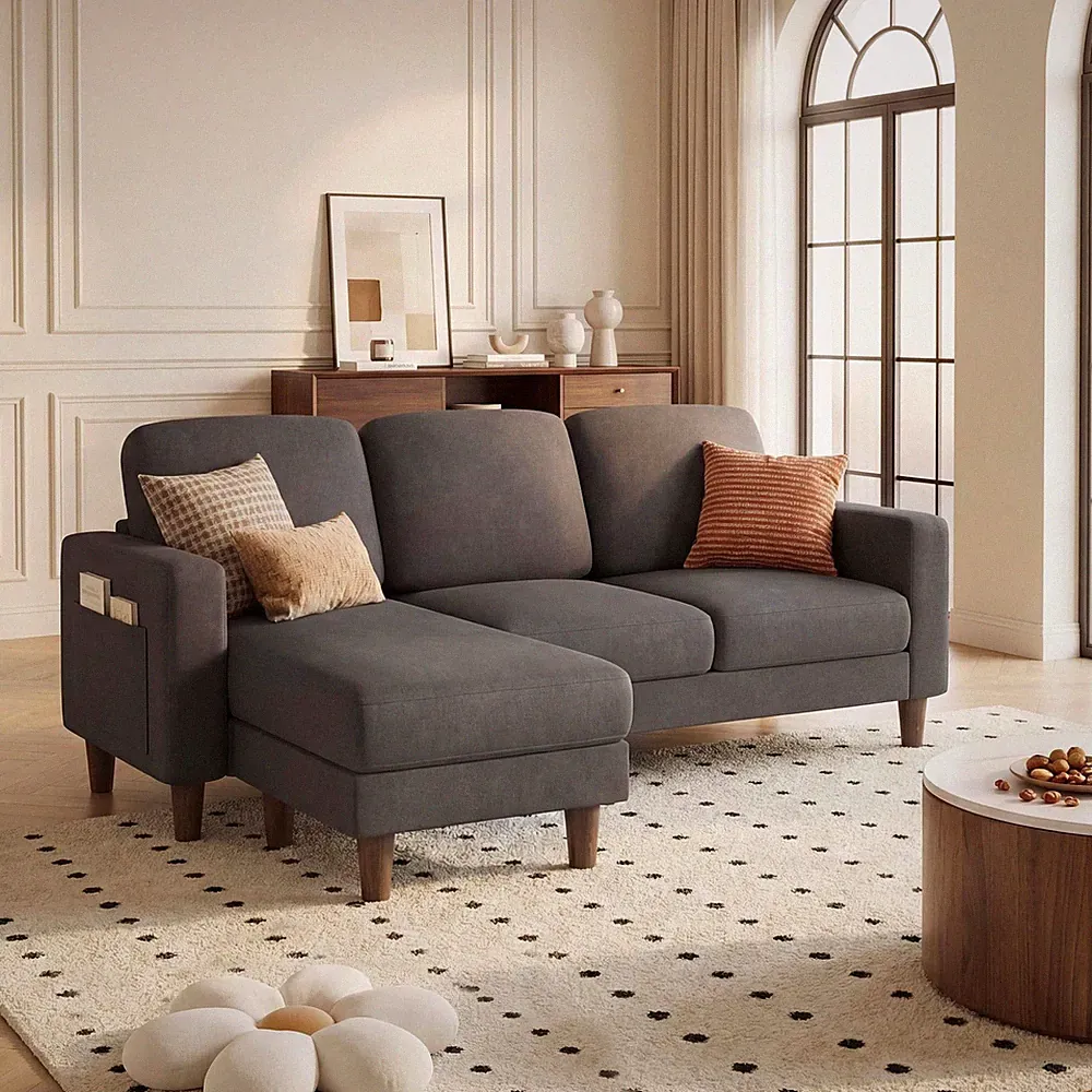 L-Shaped Sofa Couch, Small Couch with Reversible Chaise and Ottoman, Converti...