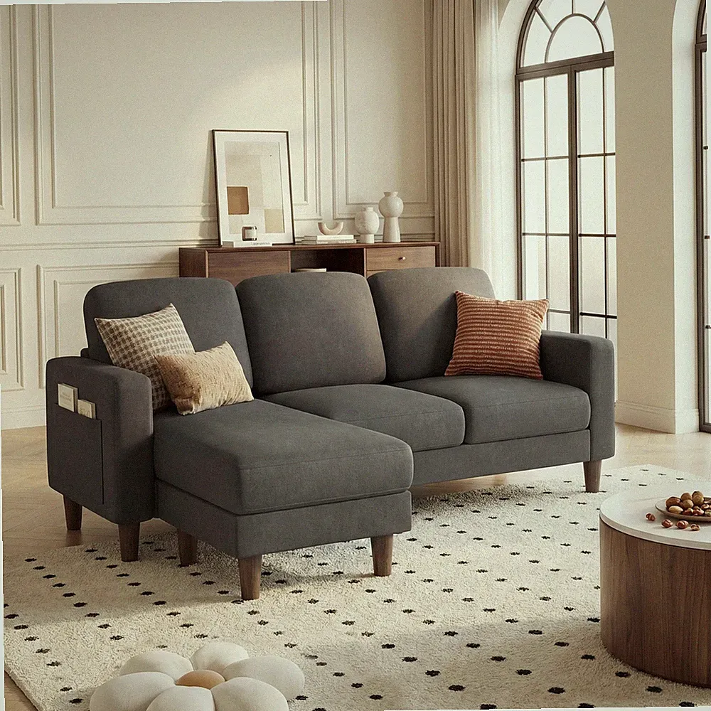 L-Shaped Sofa Couch, Small Couch with Reversible Chaise and Ottoman, Converti...