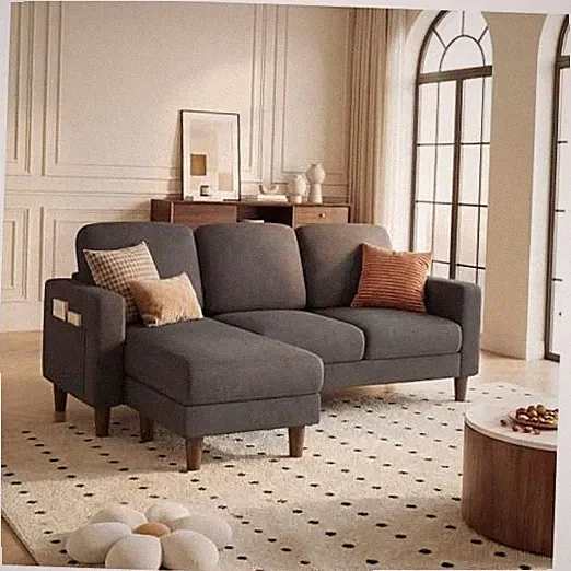 L-Shaped Sofa Couch, Small Couch with Reversible Chaise and Ottoman, Dark Gray