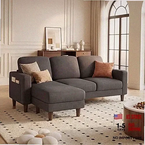 L-Shaped Sofa Couch, Small Couch with Reversible Chaise and Ottoman, Dark Gray