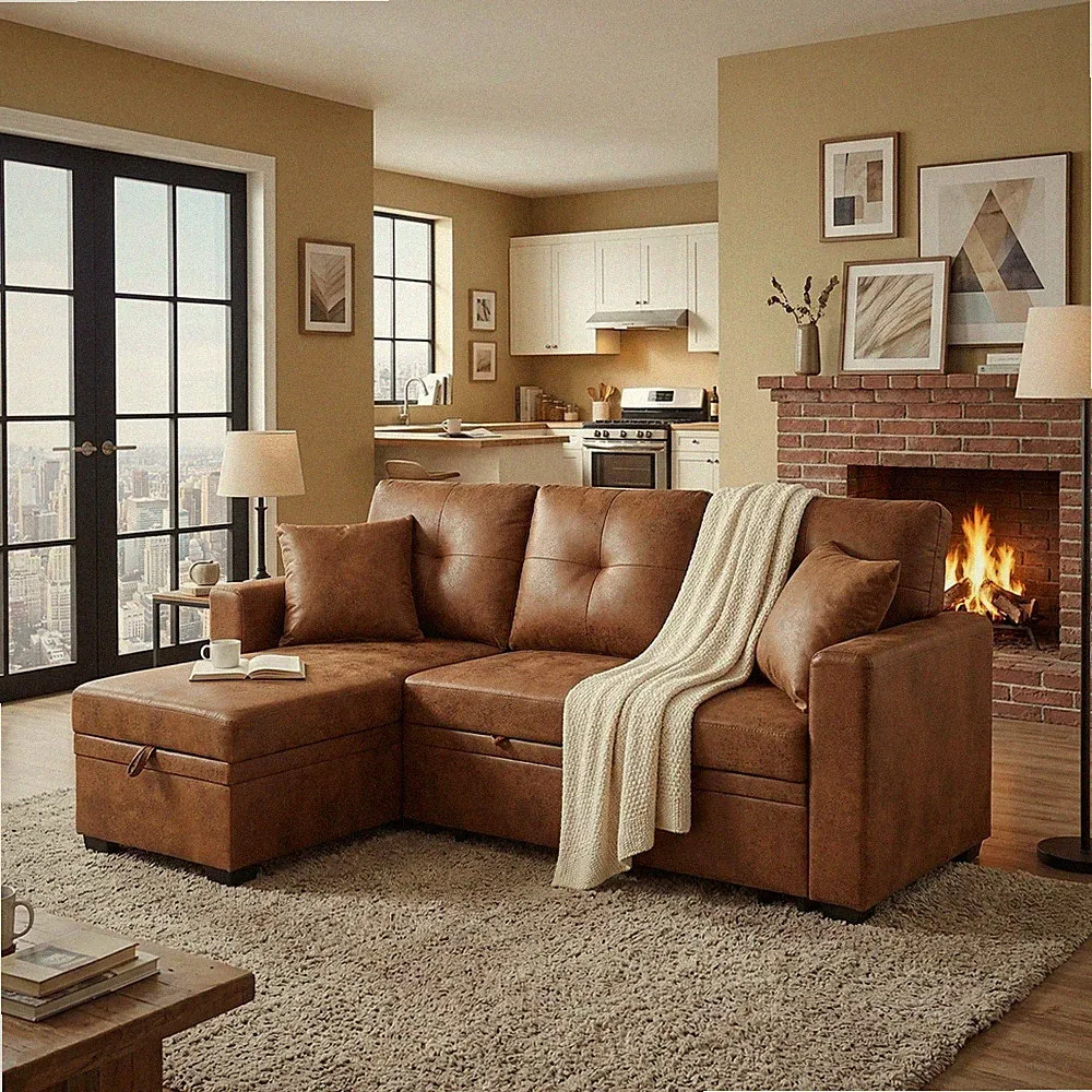 L-Shaped Sofa,Modern Sectional Sleeper Storage Pull Out Bed Reversible Chaise