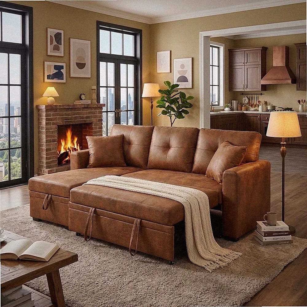 L-Shaped Sofa,Modern Sectional Sleeper Storage Pull Out Bed Reversible Chaise