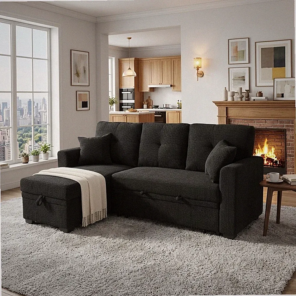 L-Shaped Sofa Sectional Loveseat Couch Convertible Sleeper Sofa w/Pull-Out Bed