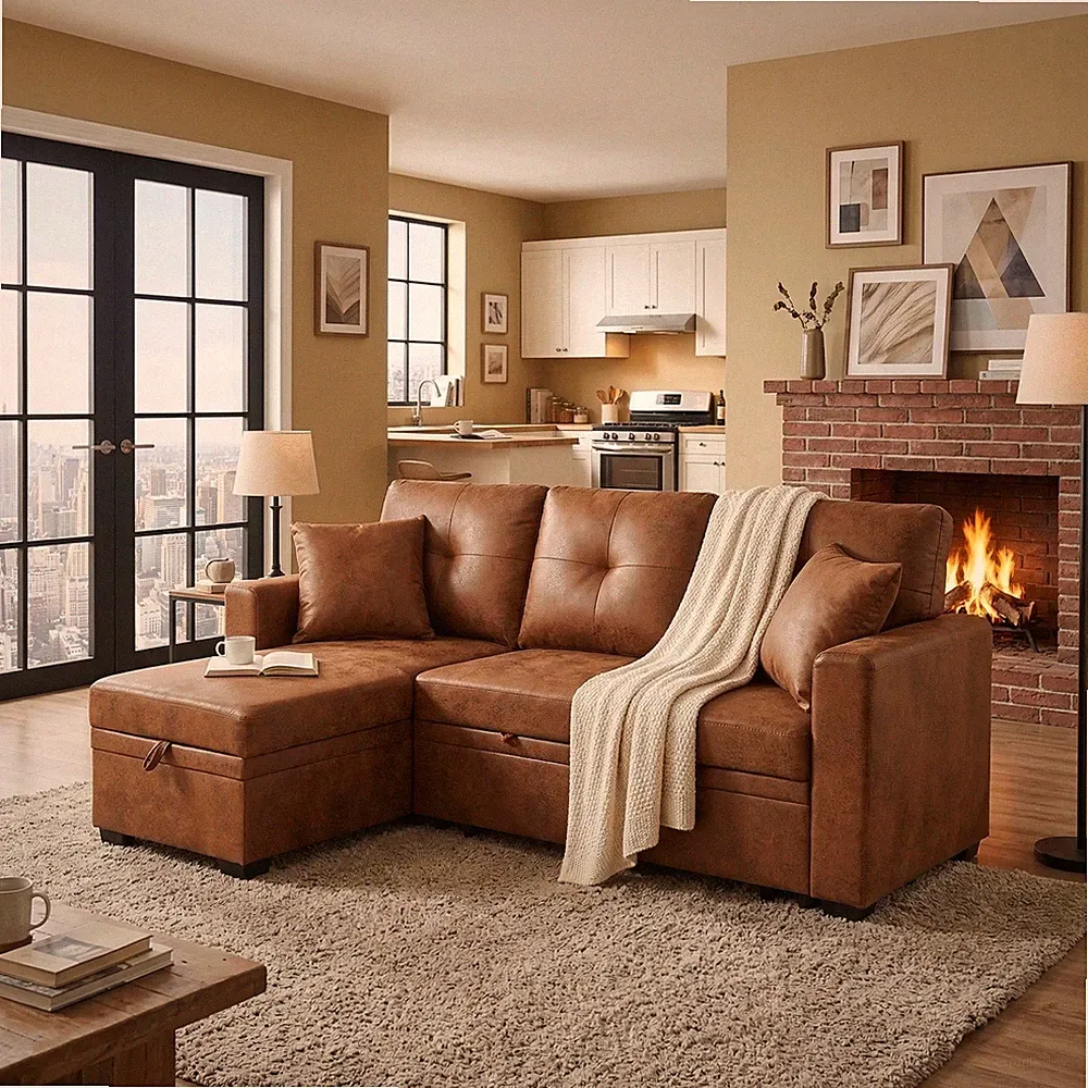 L Shaped Sofa Sectional Sleeper Storage Pull-Out Bed Tech Fabric for Small Space