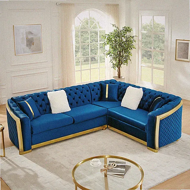 L-Shaped Sofa Stainless Steel,Velvet,Wood Inches LShaped Sectional, Blue