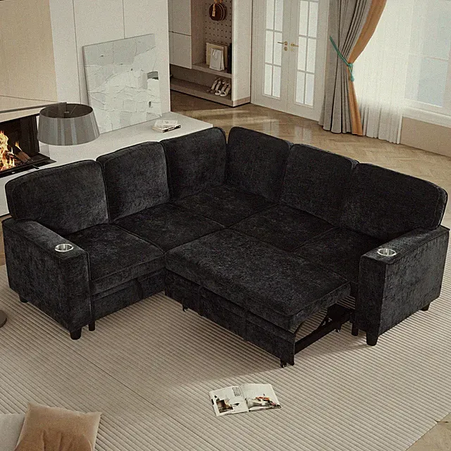 L-Shaped Sofa with Pull Out Sofa Bed, Sleeper Sofa Couch Bed with Storage Seat