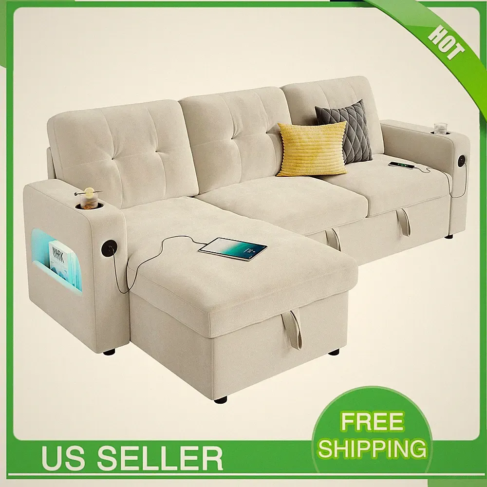 L-Shaped Sofa with Storage, 84'' Sleeper Sofa Bed Sectional Cloud Couch, Beige