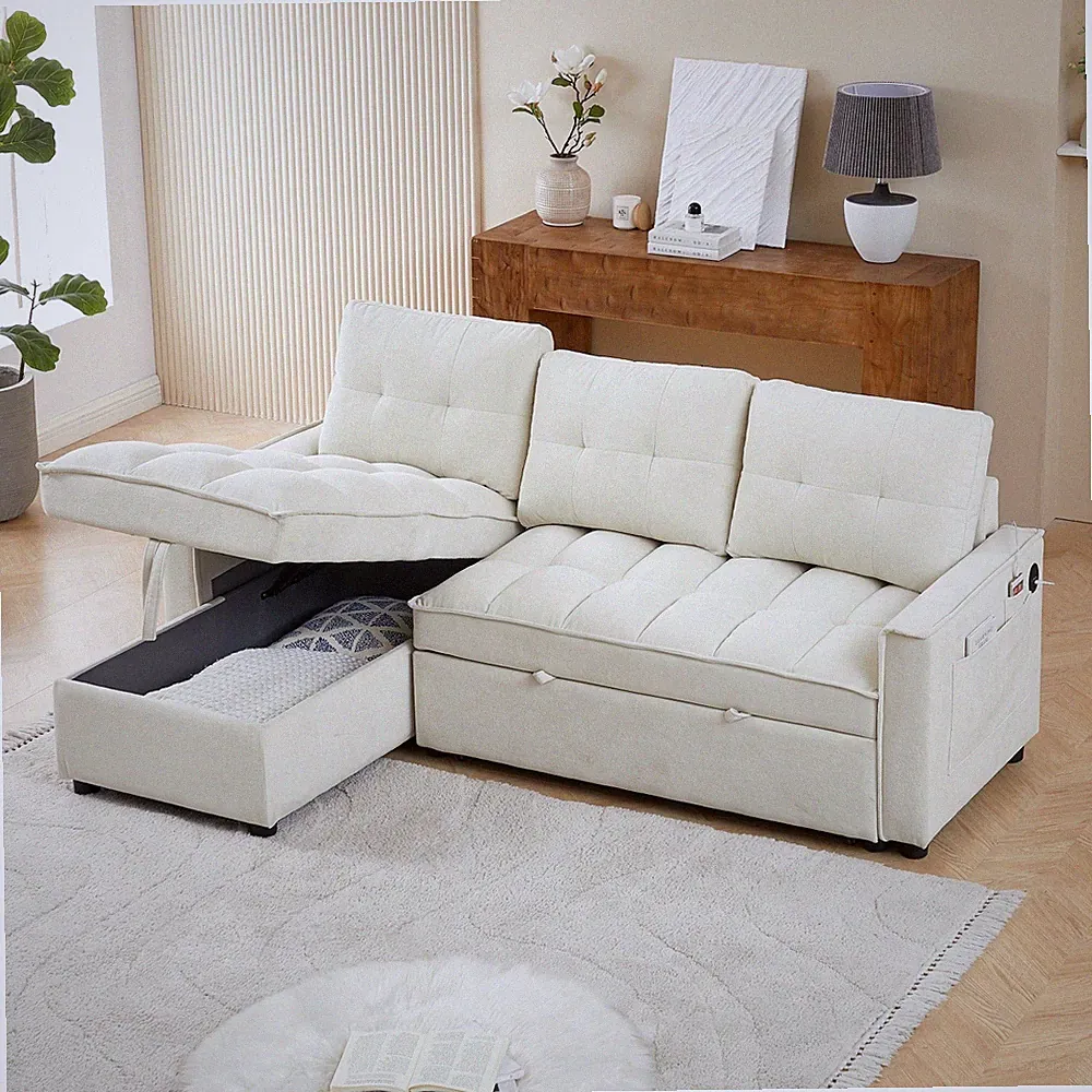 L-Shaped Storage Sectional Sleeper Sofa Pull-Out Bed with Reclining & USB Ports