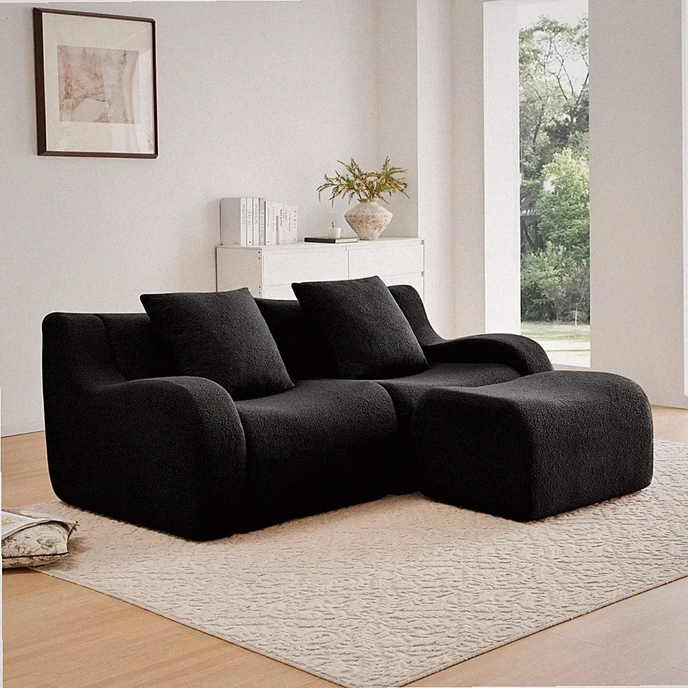 L-Shaped Teddy Fabric 2-Seat Boneless Sofa, Curved Armrest, Black