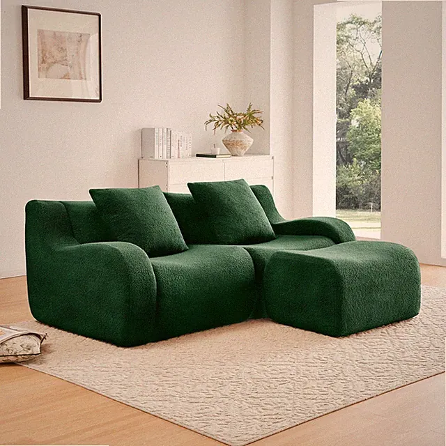 L-Shaped Teddy Fabric 2-Seat Boneless Sofa, Curved Armrest, Green