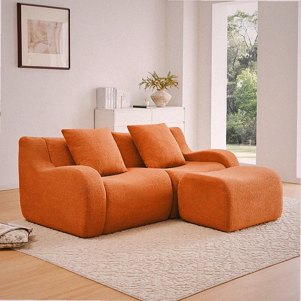 L-Shaped Teddy Fabric 2-Seat Boneless Sofa, Curved Armrest, Orange