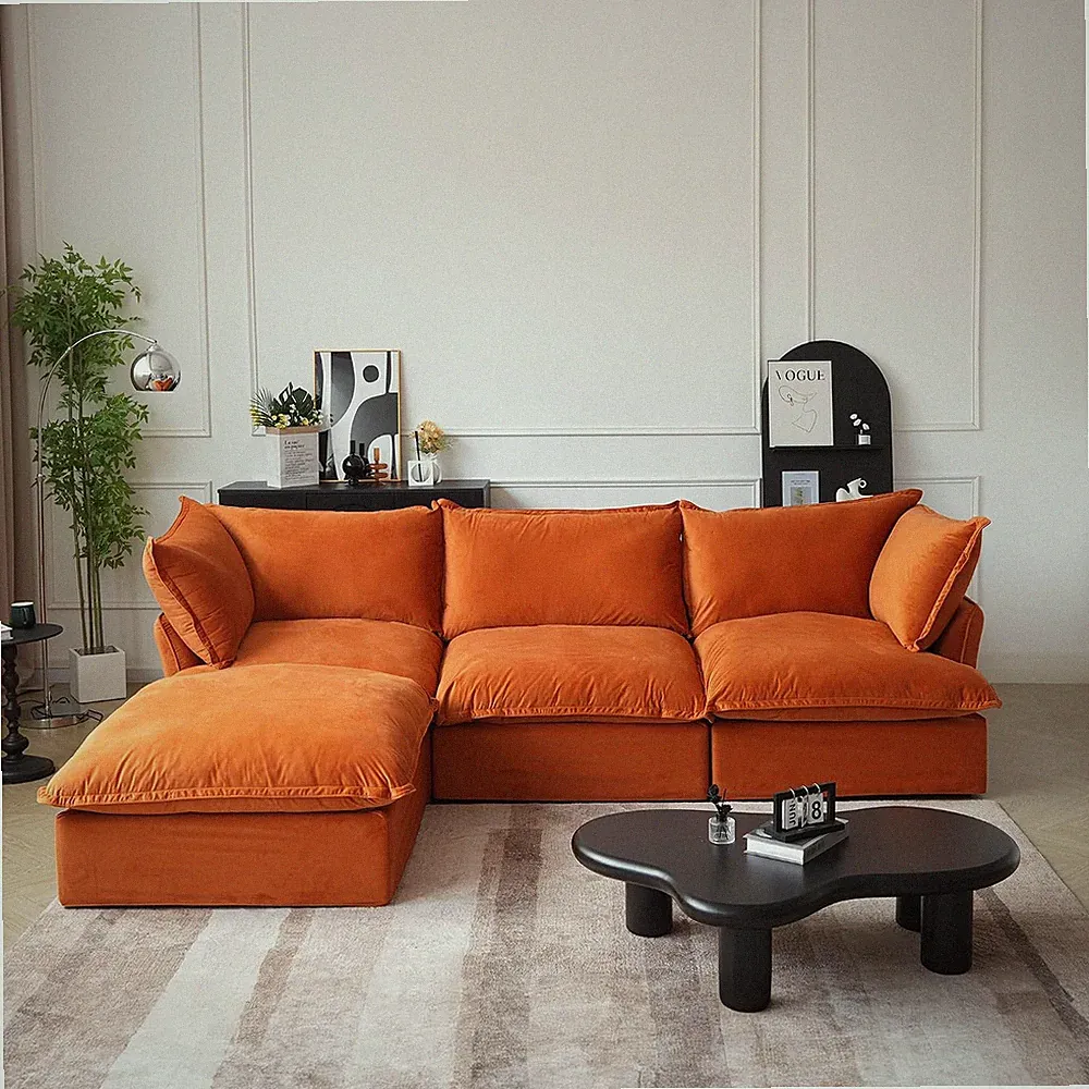 L-Shaped Velvet Sectional Couches, 3 Seats Sectional Sofas with Chaise Ottoman
