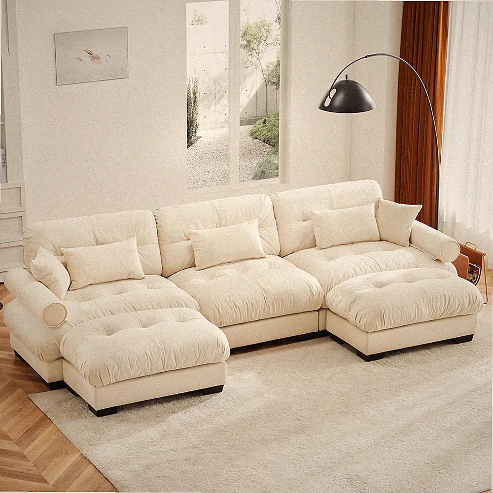 L-Shaped Velvet Sectional Sofa, 3-Seat w/2 Ottomans, Cream, Living Room