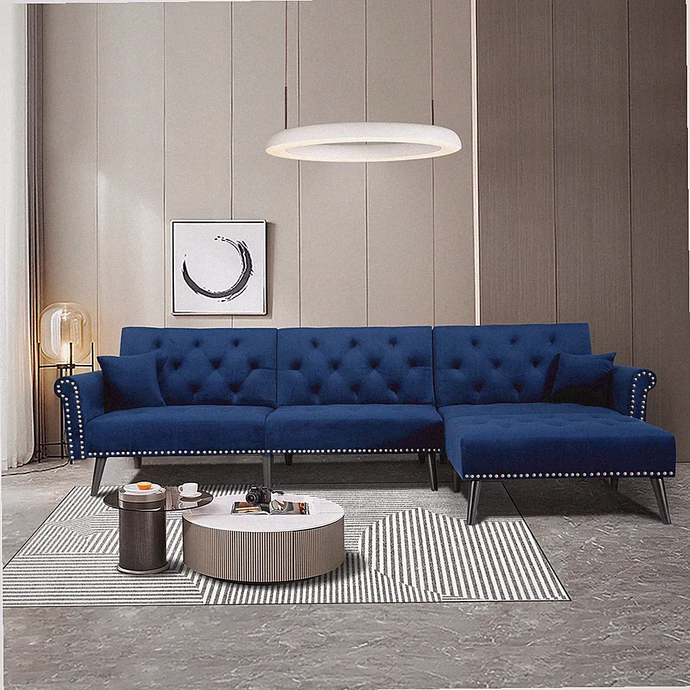 L-Shaped Velvet Sectional Sofa Bed Sleeper Couch Reversible Armrest Living Room