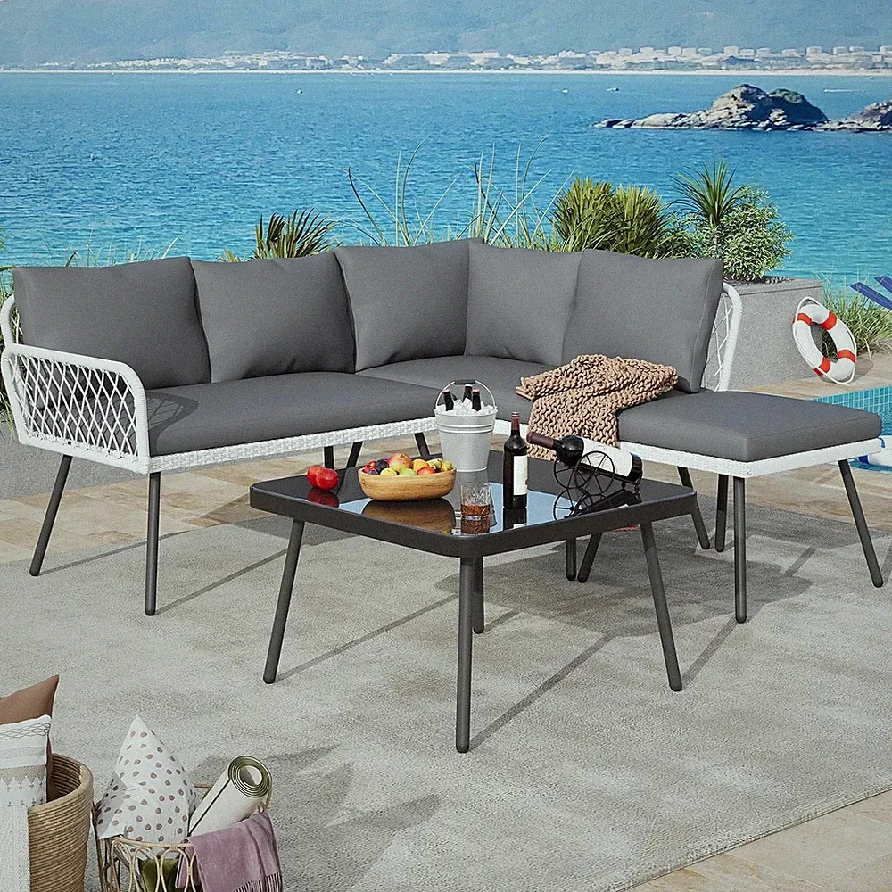 L-shaped Wicker Outdoor Furniture Set 4-Piece Patio Sectional Sofa with Table