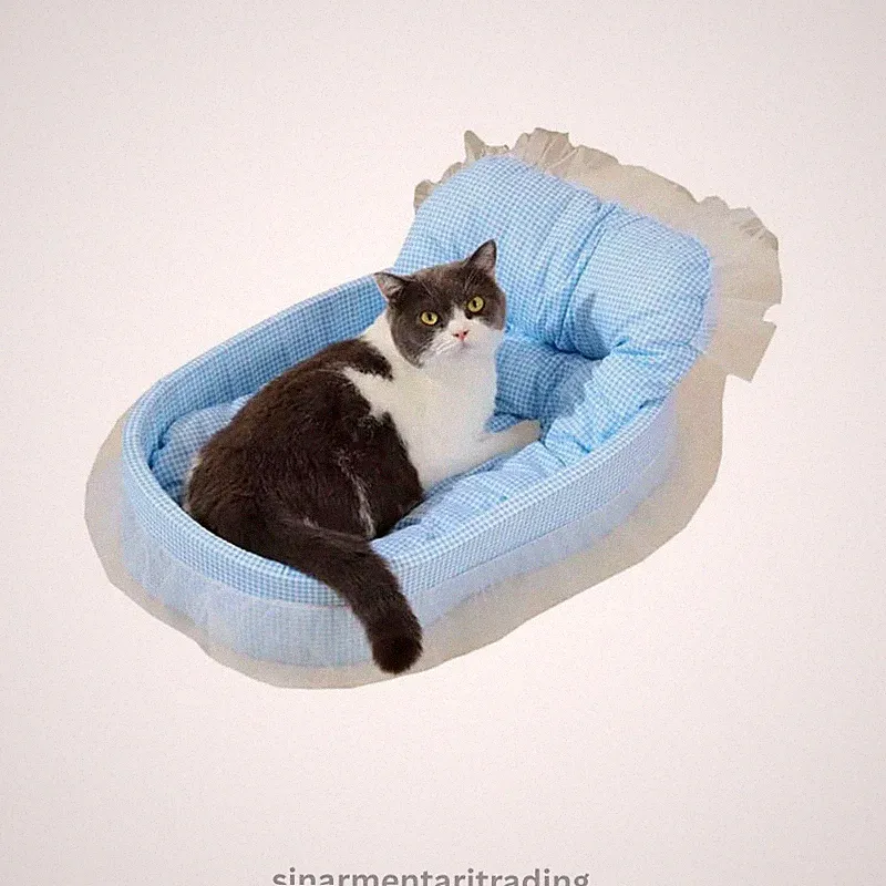 Lace Trimmed Pet Sofa Bed Washable Removable Soft Plush Oval Cat Bed Small Dog