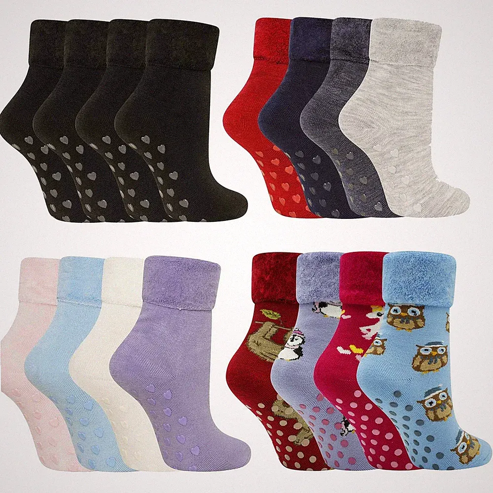 Ladies 4 Pairs Brushed Lined Thermal Lounge Bed Slipper Socks Non Slip Gripper