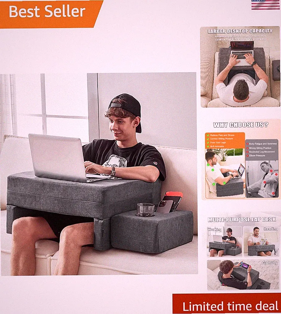 Lap Desk Pillow for Laptop Reading Bed Couch Work Gaming Grey Large
