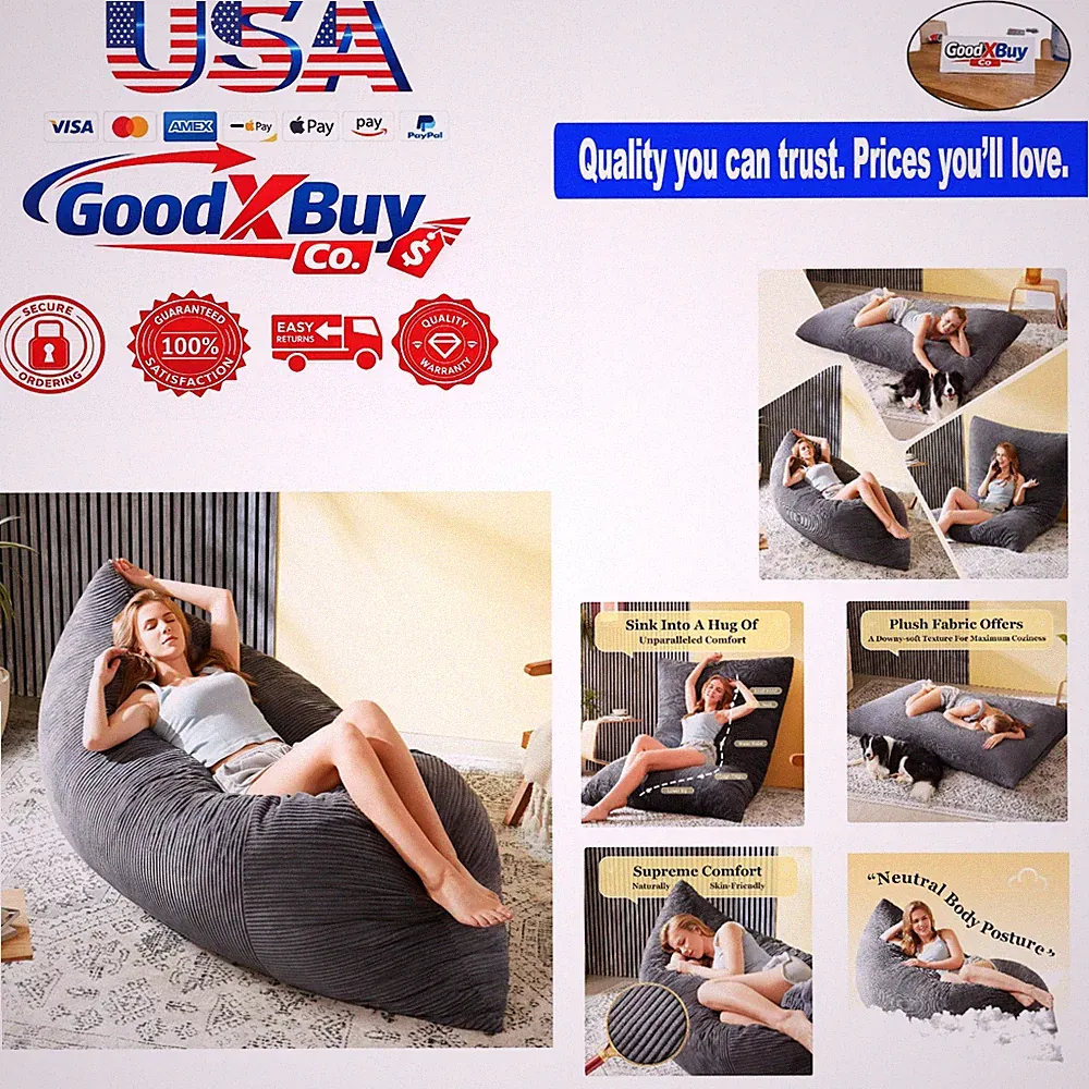 Large 3-in-1 Bean Bag Chair for Adults – Convertible Floor Sofa Bed Dark Grey...