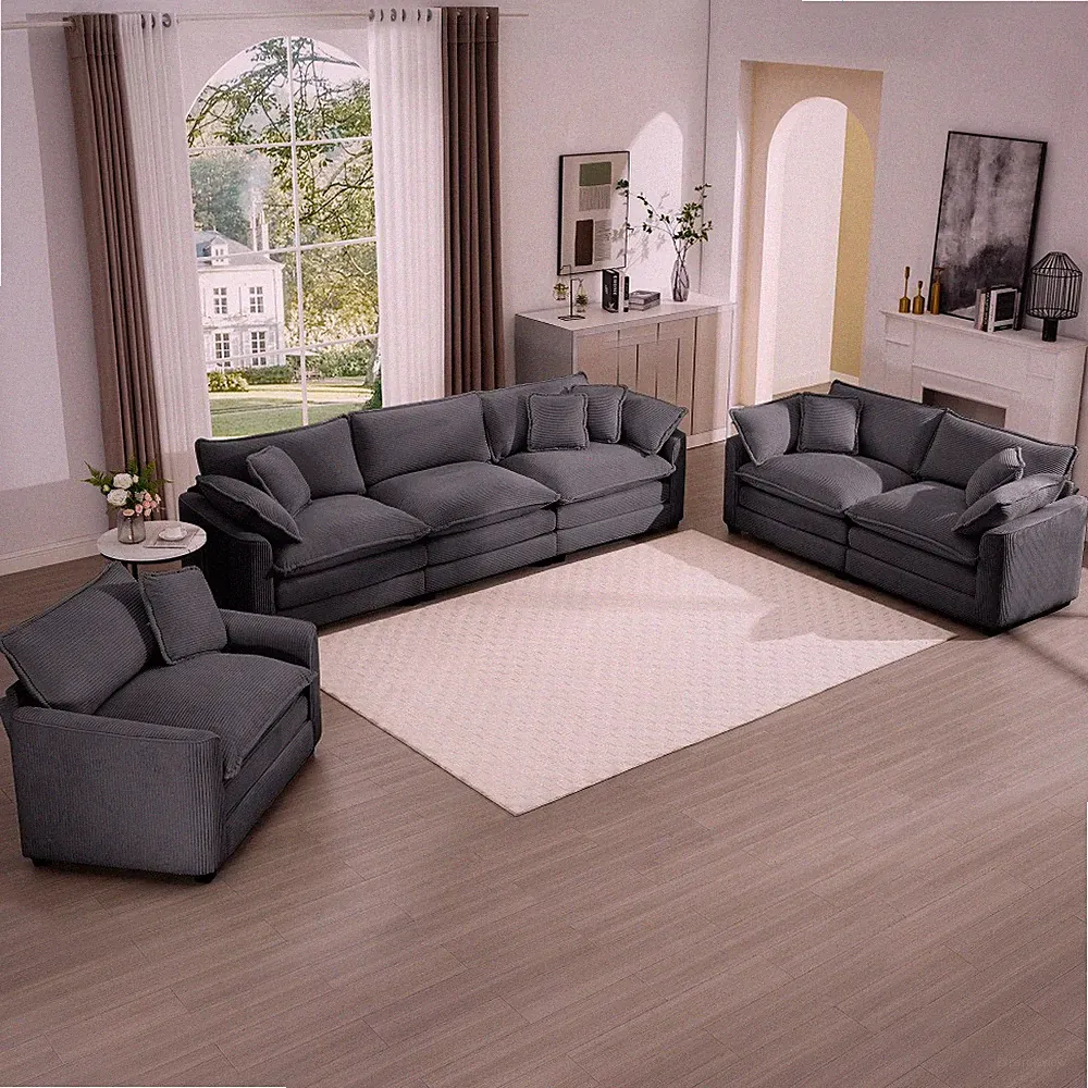 Large 3-Piece Sectional Sofa with Chaise & Ottoman, Grey Corduroy