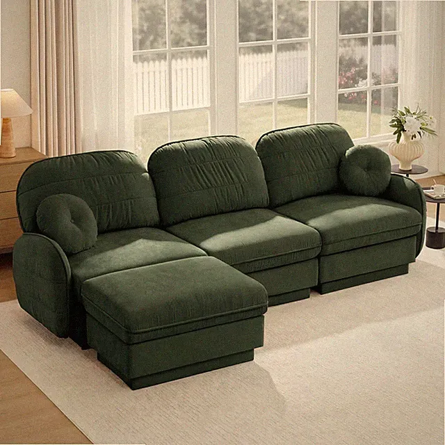 Large 3-Seat L-Shaped Sectional Sofa with Ottoman and Pillows, Green Chenille