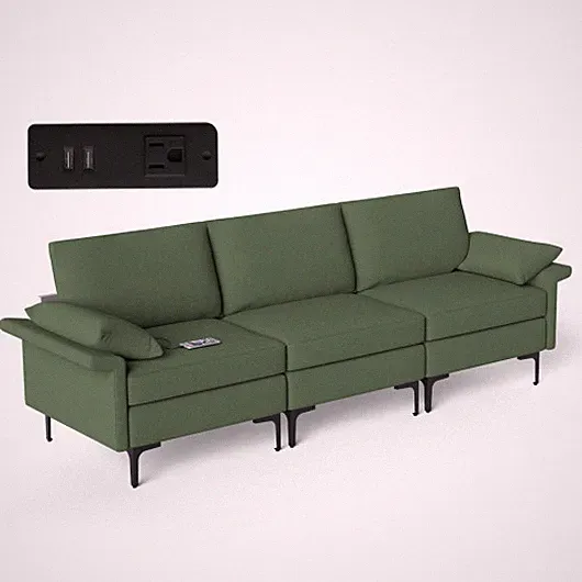 Large 3-Seat Sofa Sectional with Metal Legs and 2 USB Ports for 3-4 people-Green